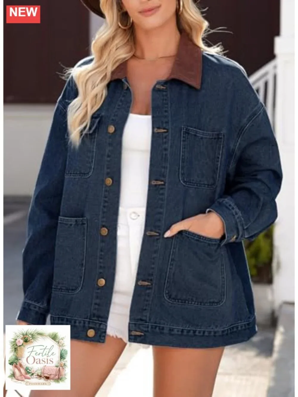 Oversized Denim Jacket Women Vintage Corduroy Collar Barn Jacket Long Sleeve